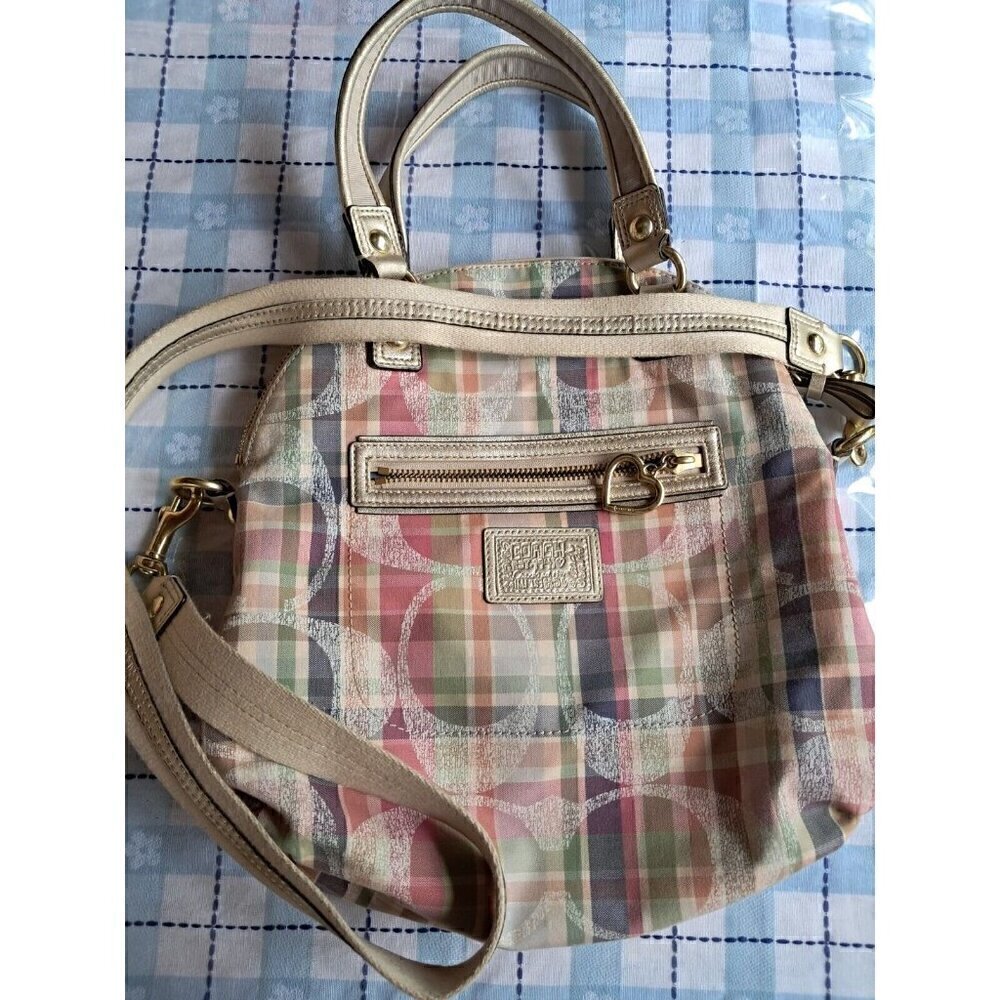Coach Multicolor Plaid Canvas Shoulder Bag with Cream Trim